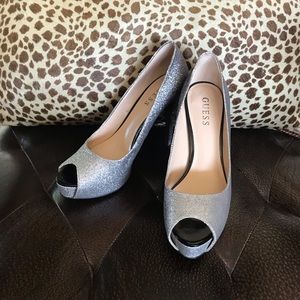 Silver Glitter Guess Peep-toe Pumps